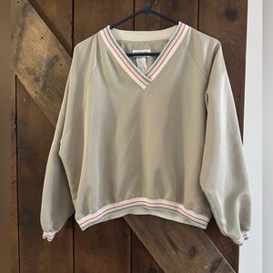 Vintage Beige Windbreaker Sweater with Stripe Trim